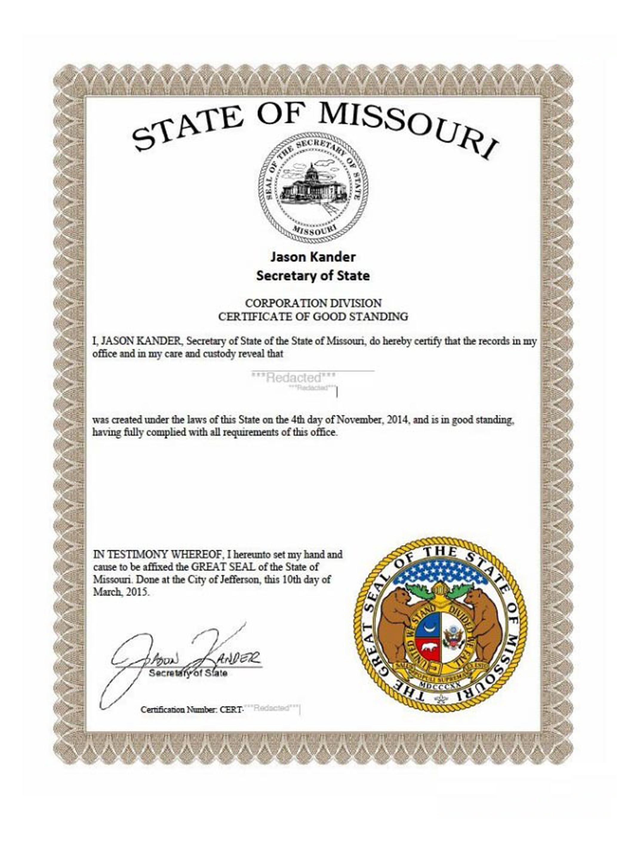 USA Missouri certificate of good standing